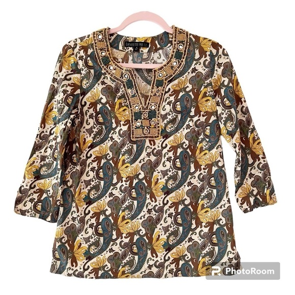 Lafayette 148 New York Paisley Cotton Poplin Tunic with Beaded Neckline Size 0 - Picture 1 of 12